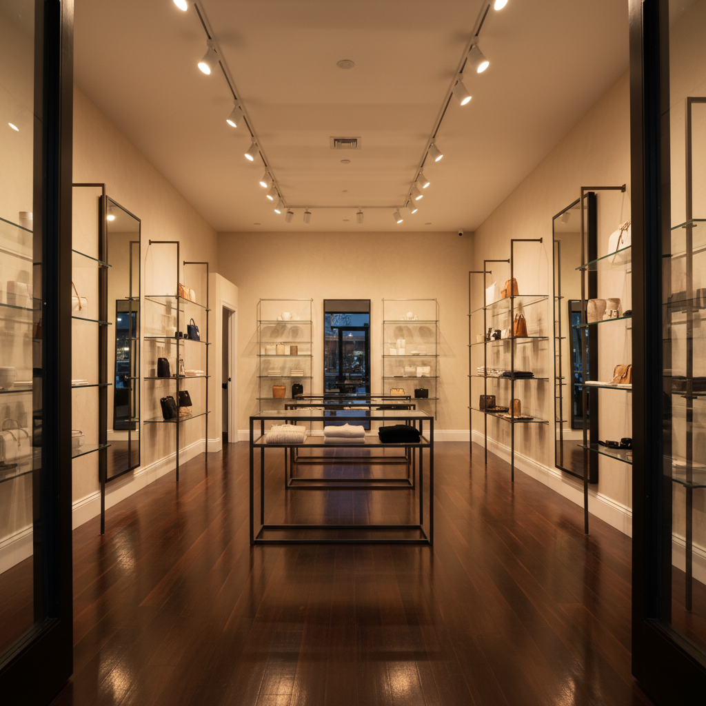 An evening scene inside a small, modern Lafayette retail boutique after a professional cleaning service. The polished hardwood floors reflect the warm glow of track lighting above, with no dust along baseboards or display fixtures. Glass shelving units and mirrors are crystal clear, free of smudges, subtly mirroring carefully arranged merchandise without any branding. The camera captures a wide-angle view from the entrance, using sharp focus throughout to emphasize the cleanliness of every surface and corner. The mood is elegant and calm, as if the store is perfectly prepared for the next business day. Photographic realism, with a clean and modern aesthetic, underscores reliability and the quiet luxury of a space expertly maintained.