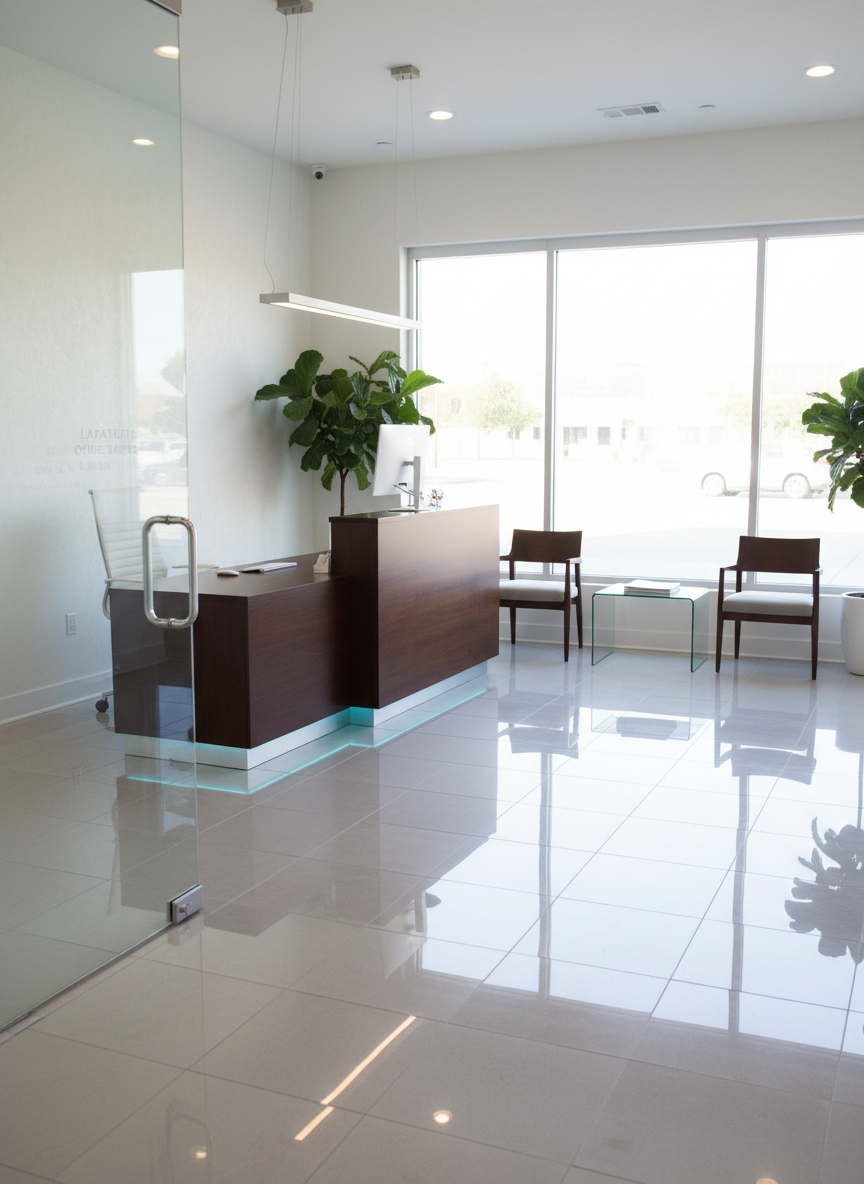 A flawlessly clean small commercial office lobby in Lafayette, Georgia, with a sleek glass entrance door, gleaming light-gray porcelain tile floor, and a minimalist dark wood reception desk. Every surface appears freshly sanitized, with subtle reflections on the floor and desk edges. Diffused late-morning natural light pours through large front windows, softly illuminating a few tasteful plants and neatly arranged chairs. The atmosphere feels professional, sophisticated, and welcoming. Photographic realism at eye level, with sharp focus throughout, emphasizes the pristine condition of the space and the high standards of cleaning. The composition uses the rule of thirds, drawing the eye from the shining floor up to the spotless reception area, conveying trust and meticulous care.