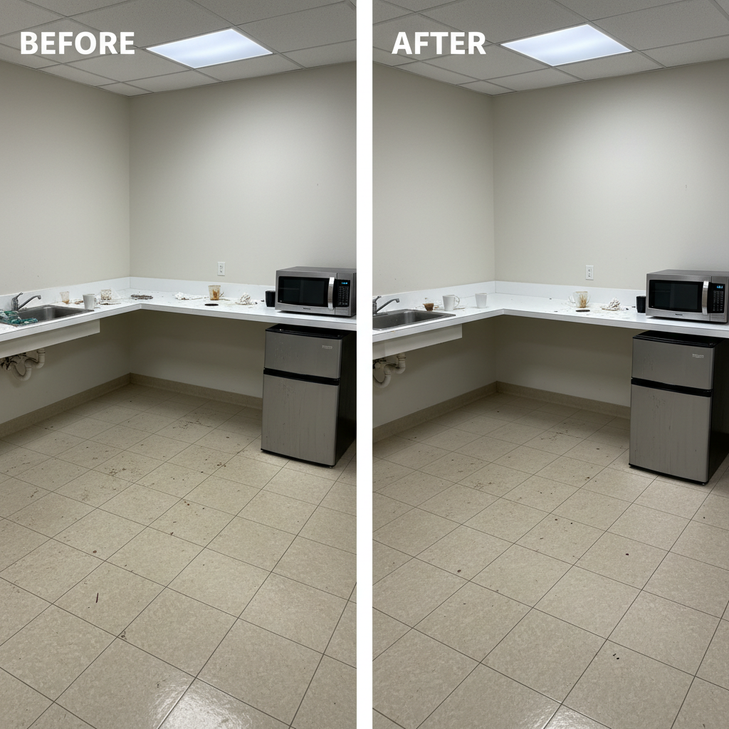 A dramatic before-and-after split view of a small commercial break room, shown in photographic realism. On the left, a dull, scuffed vinyl floor, smudged countertops, and streaked stainless-steel appliances; on the right, the same space transformed, with the floor polished to a soft sheen, countertops disinfected and spotless, and appliances gleaming. The camera is positioned at a slightly elevated angle, capturing the entire room with sharp focus. Neutral overhead LED lighting casts even illumination, highlighting the contrast between neglect and professional care. The mood is satisfying and aspirational, with a clean, modern aesthetic that communicates the impact of expert cleaning services for local businesses.